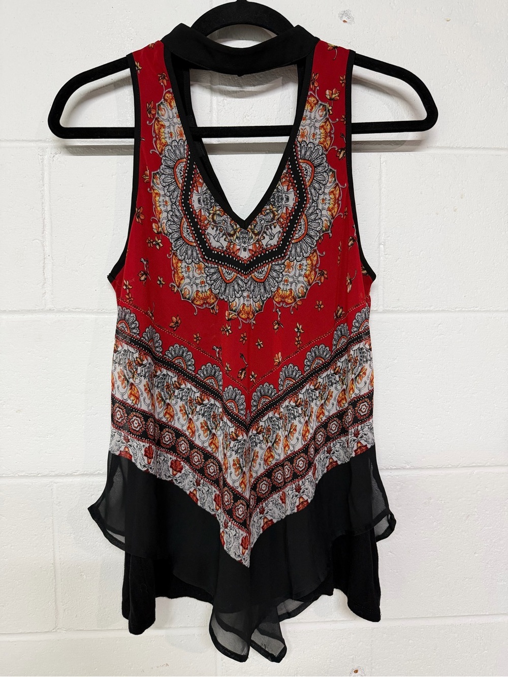 by & by Red Paisley V-Neck Sleeveless Tunic with Black Trim